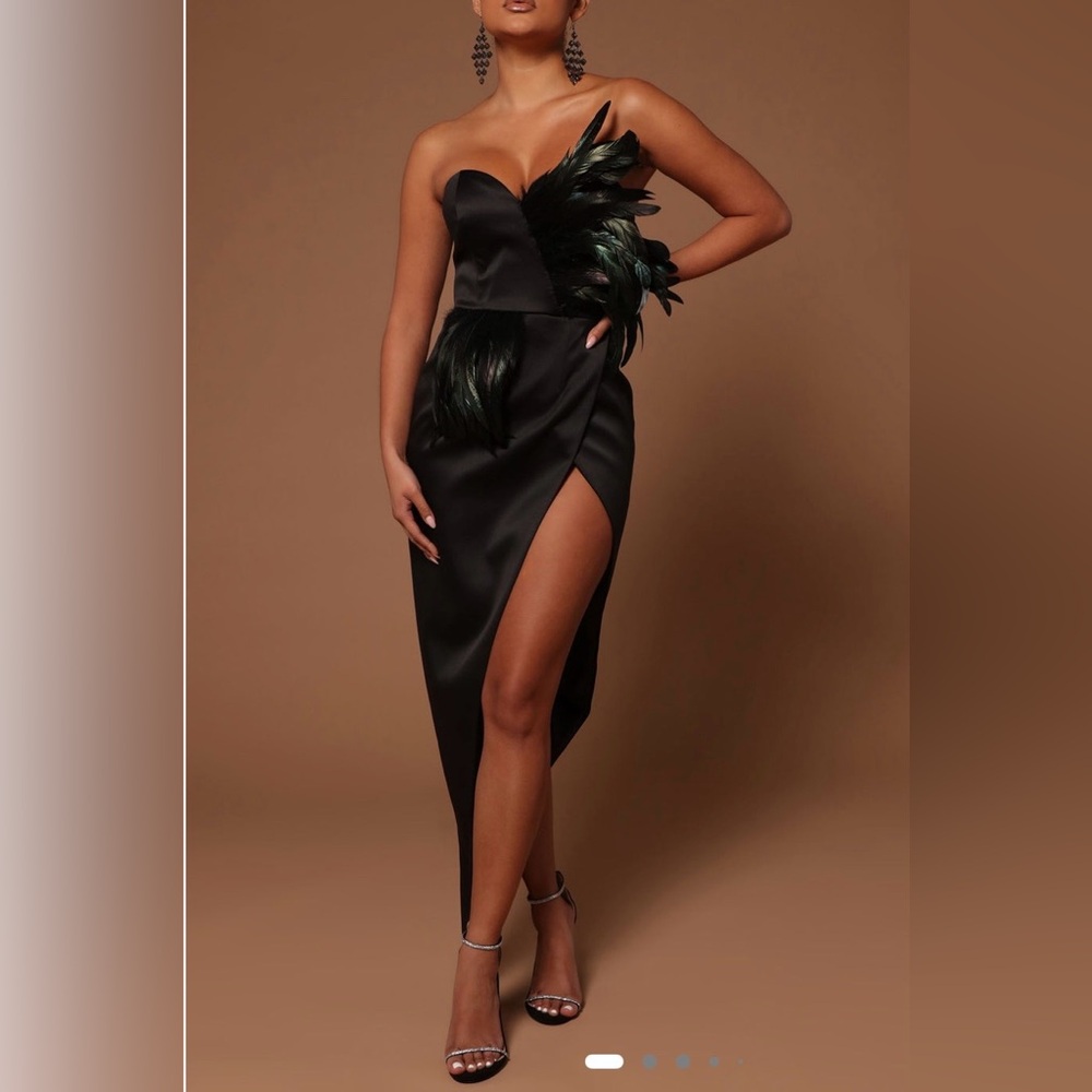 Fashion Nova Black Strapless Dress with Feather Detail